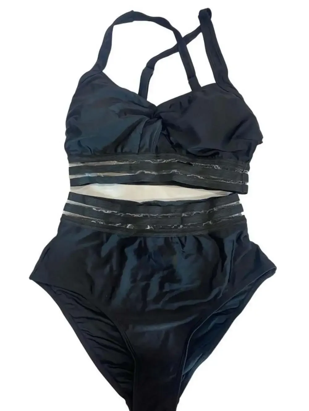 Cupshe Mesh Striped Twisted Cutout Top & High Waist Bikini Set Size M NWT